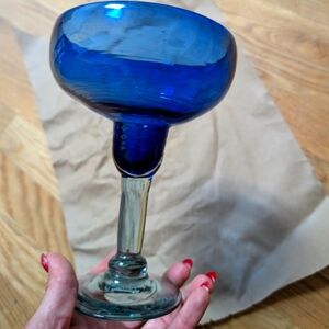 Hand blown blue/clear glass Mexico‎ style vintage margarita glass